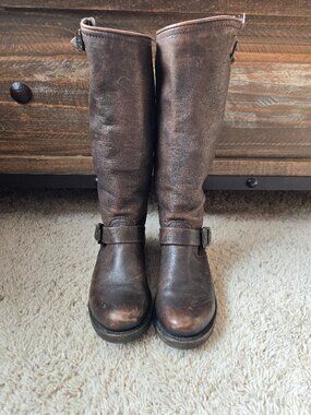 Frye Veronica Slouch Distressed Dark Brown Leather Boots Women's US Size 7B